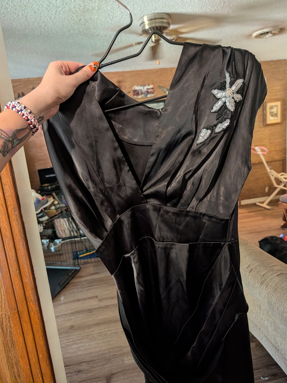 Source Unknown Black Satin Dress with Beaded Floral Accent